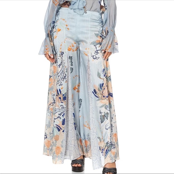 Camilla Pants - Camilla Light Blue Floral Wide-Leg Silk Pants